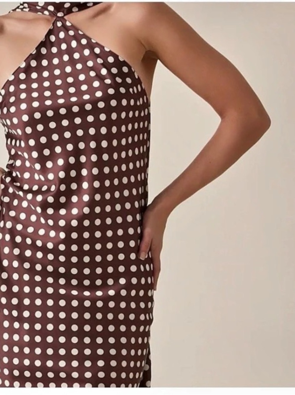 Brown & White Satin Polka Dot Mini Dress